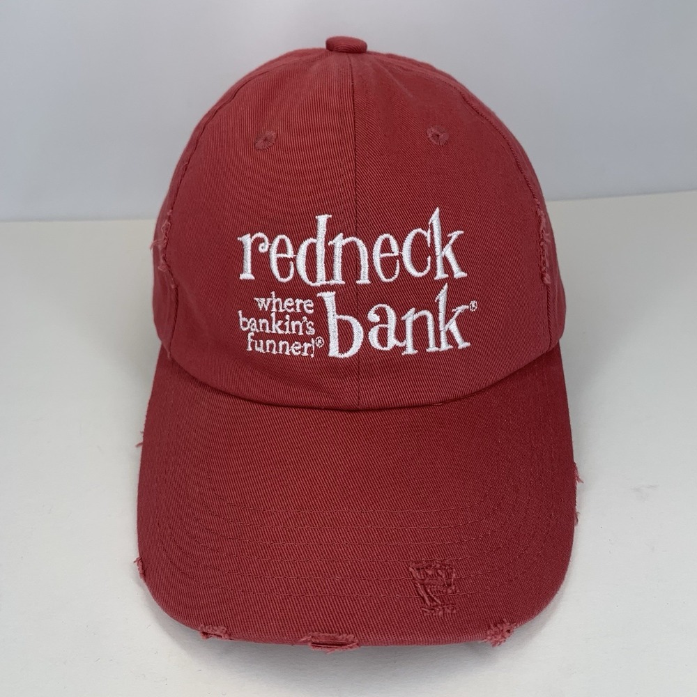 Redneck Bank Hat where bankin's funner Red Distressed OSFM Strap Baseball Cap